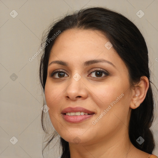 Joyful white young-adult female with long  brown hair and brown eyes