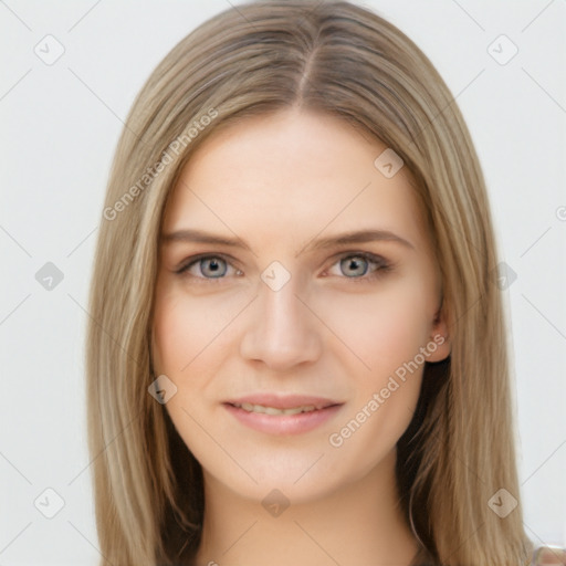 Joyful white young-adult female with long  brown hair and grey eyes