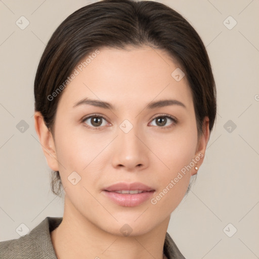 Neutral white young-adult female with medium  brown hair and brown eyes