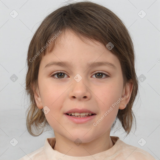 Joyful white child female with medium  brown hair and brown eyes