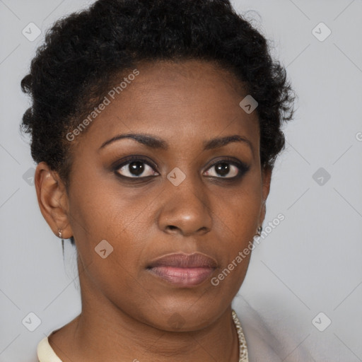 Neutral black young-adult female with short  brown hair and brown eyes