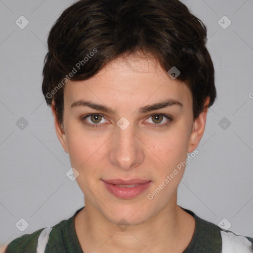 Joyful white young-adult female with short  brown hair and brown eyes