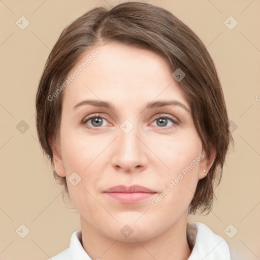 Joyful white young-adult female with medium  brown hair and green eyes