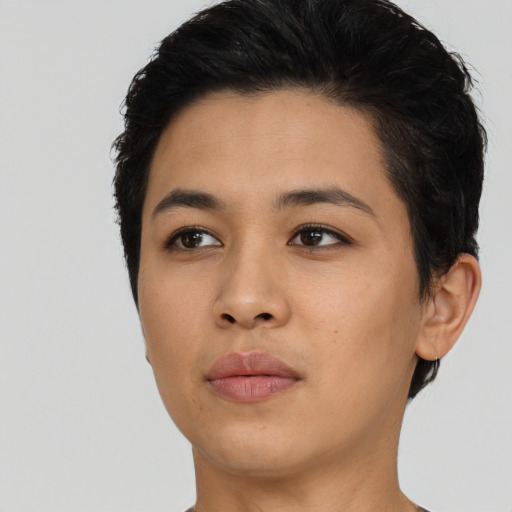 Neutral asian young-adult female with short  black hair and brown eyes