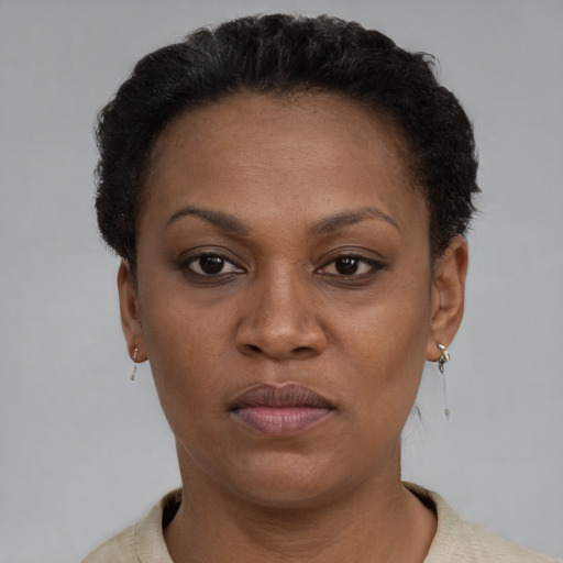 Neutral black young-adult female with short  black hair and brown eyes