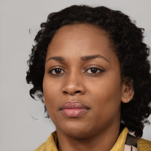 Neutral black young-adult female with medium  black hair and brown eyes