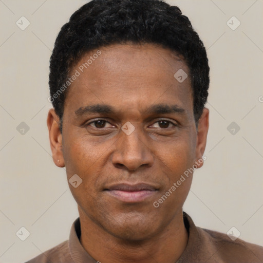 Neutral black adult male with short  black hair and brown eyes