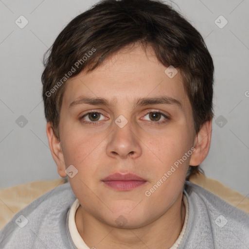 Neutral white young-adult female with short  brown hair and brown eyes