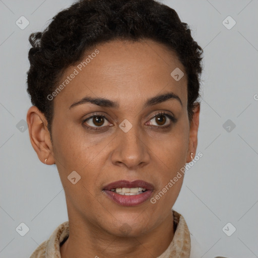 Joyful latino young-adult female with short  brown hair and brown eyes