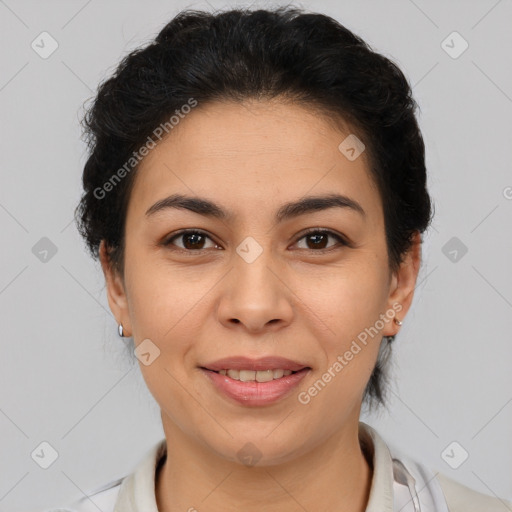 Joyful latino young-adult female with short  brown hair and brown eyes