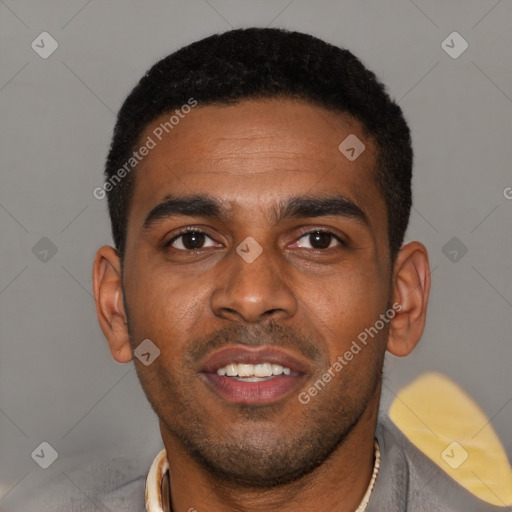 Joyful latino young-adult male with short  black hair and brown eyes