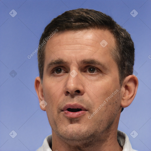 Neutral white adult male with short  brown hair and brown eyes