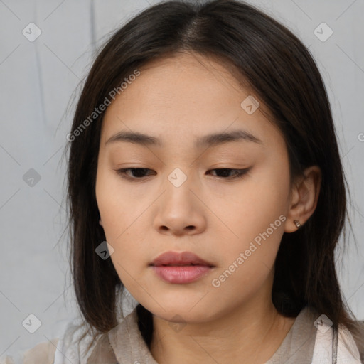 Neutral asian young-adult female with medium  brown hair and brown eyes