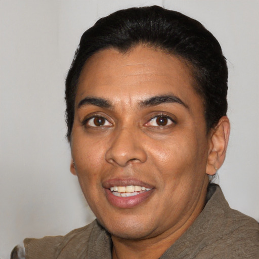 Joyful latino young-adult female with short  black hair and brown eyes
