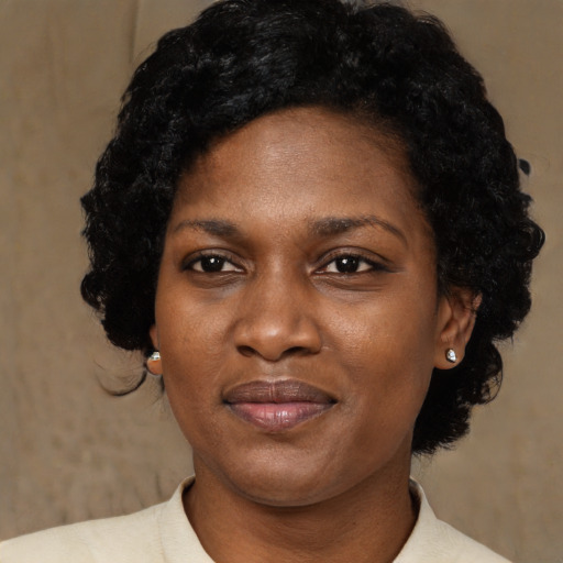 Joyful black adult female with short  black hair and brown eyes