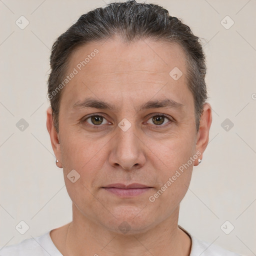 Neutral white adult male with short  brown hair and brown eyes