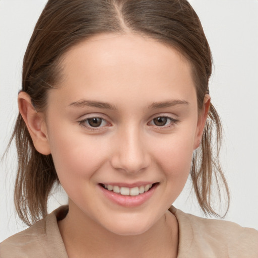 Joyful white child female with medium  brown hair and brown eyes