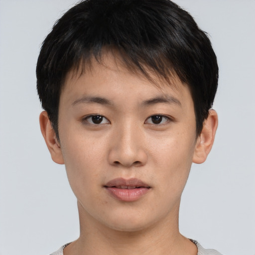 Neutral asian young-adult female with short  brown hair and brown eyes