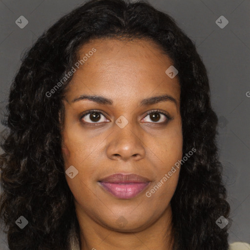 Joyful black young-adult female with long  brown hair and brown eyes