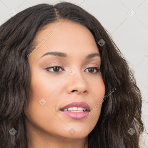 Joyful asian young-adult female with long  brown hair and brown eyes