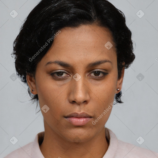 Neutral asian young-adult female with short  black hair and brown eyes