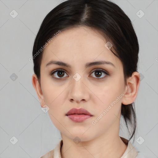 Neutral white young-adult female with medium  brown hair and brown eyes