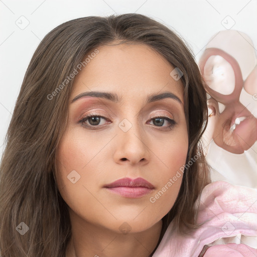 Neutral white young-adult female with long  brown hair and brown eyes