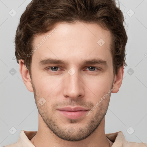 Neutral white young-adult male with short  brown hair and grey eyes