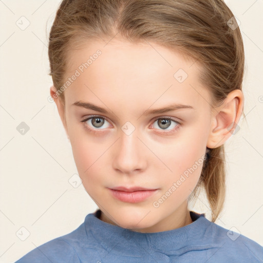 Neutral white child female with medium  brown hair and blue eyes