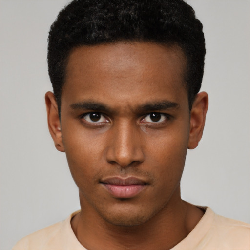 Neutral black young-adult male with short  black hair and brown eyes
