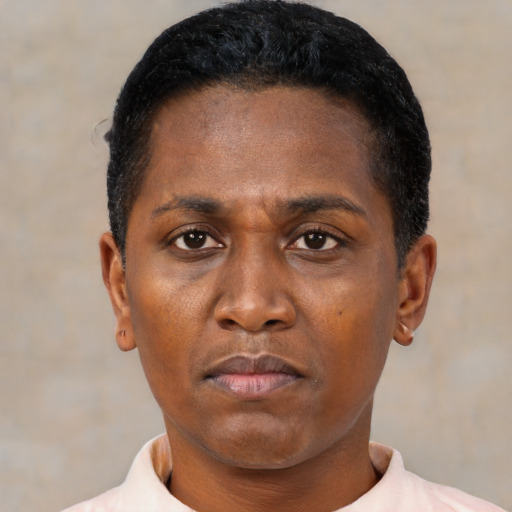 Neutral black adult female with short  black hair and brown eyes