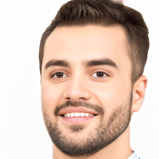 Joyful white young-adult male with short  black hair and brown eyes