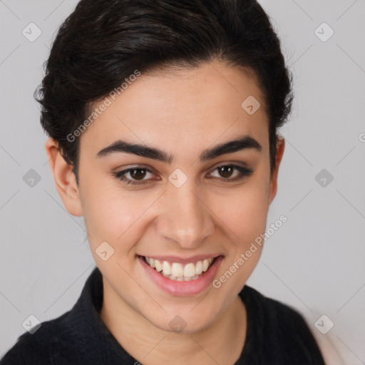 Joyful white young-adult female with short  brown hair and brown eyes