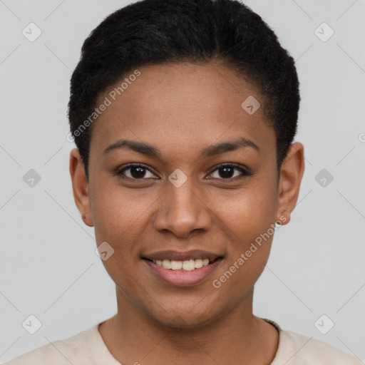 Joyful black young-adult female with short  black hair and brown eyes