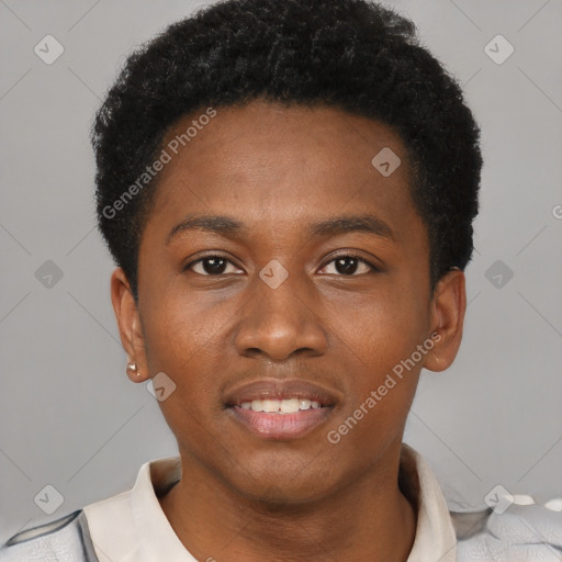 Joyful latino young-adult male with short  brown hair and brown eyes