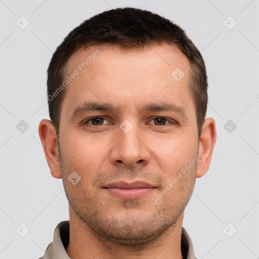 Neutral white young-adult male with short  brown hair and brown eyes