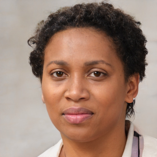 Neutral black young-adult female with short  brown hair and brown eyes