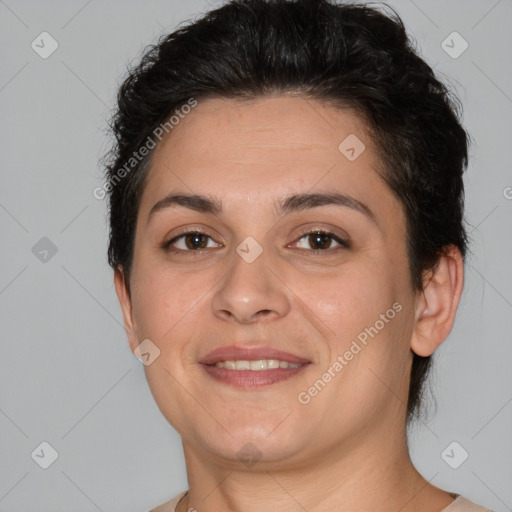 Joyful white young-adult female with short  brown hair and brown eyes