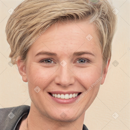 Joyful white young-adult female with short  brown hair and grey eyes