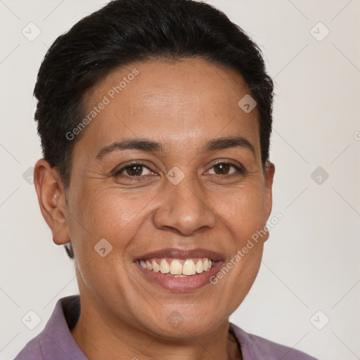 Joyful white adult female with short  brown hair and brown eyes