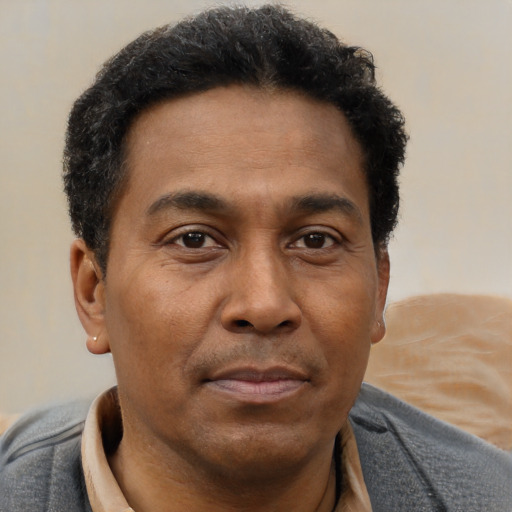 Neutral black adult male with short  brown hair and brown eyes