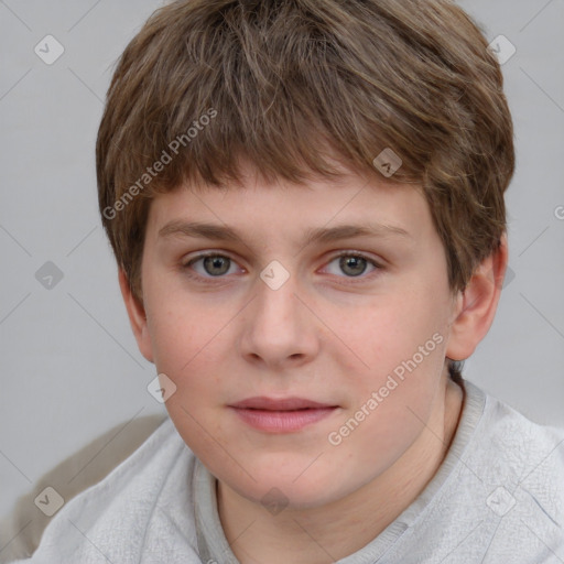 Joyful white child female with short  brown hair and grey eyes