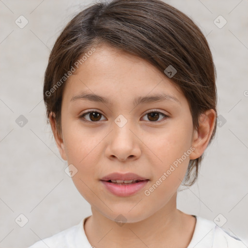 Joyful white child female with medium  brown hair and brown eyes