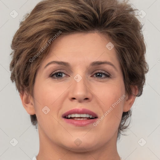 Joyful white adult female with short  brown hair and brown eyes