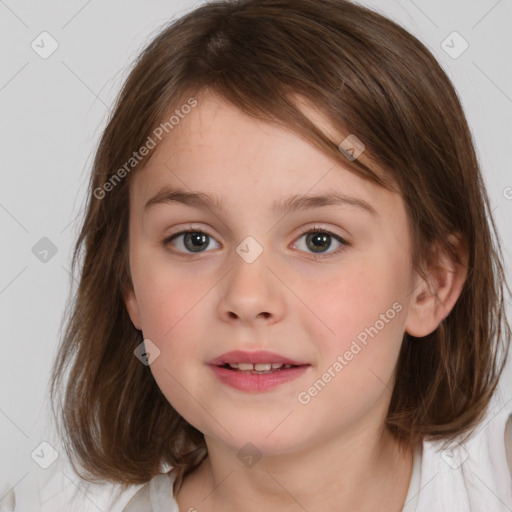 Joyful white child female with medium  brown hair and brown eyes