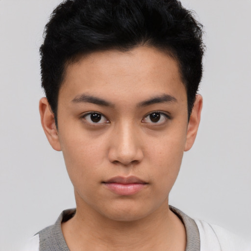 Neutral asian young-adult female with short  black hair and brown eyes