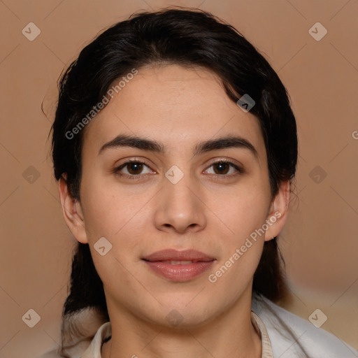 Joyful white young-adult female with medium  brown hair and brown eyes