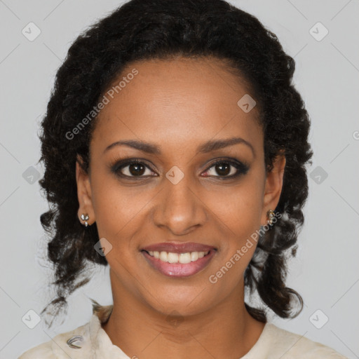 Joyful black young-adult female with medium  brown hair and brown eyes