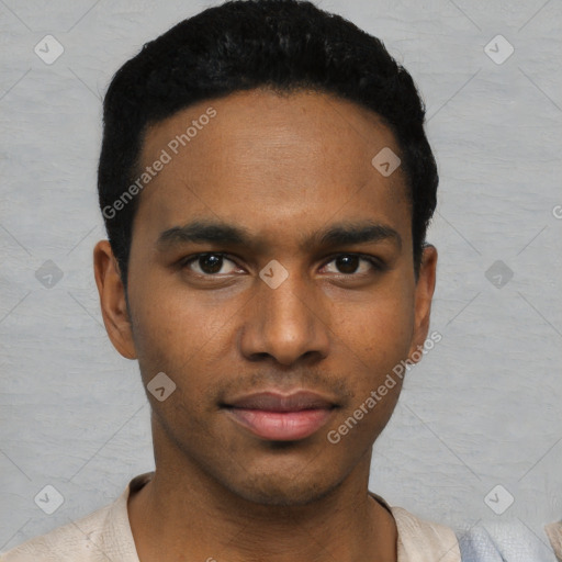 Neutral black young-adult male with short  black hair and brown eyes