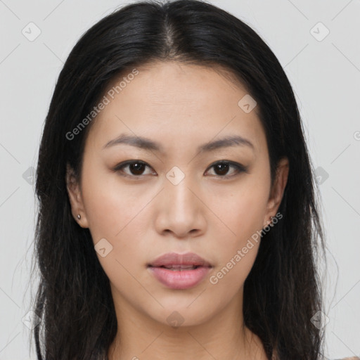 Neutral asian young-adult female with long  brown hair and brown eyes